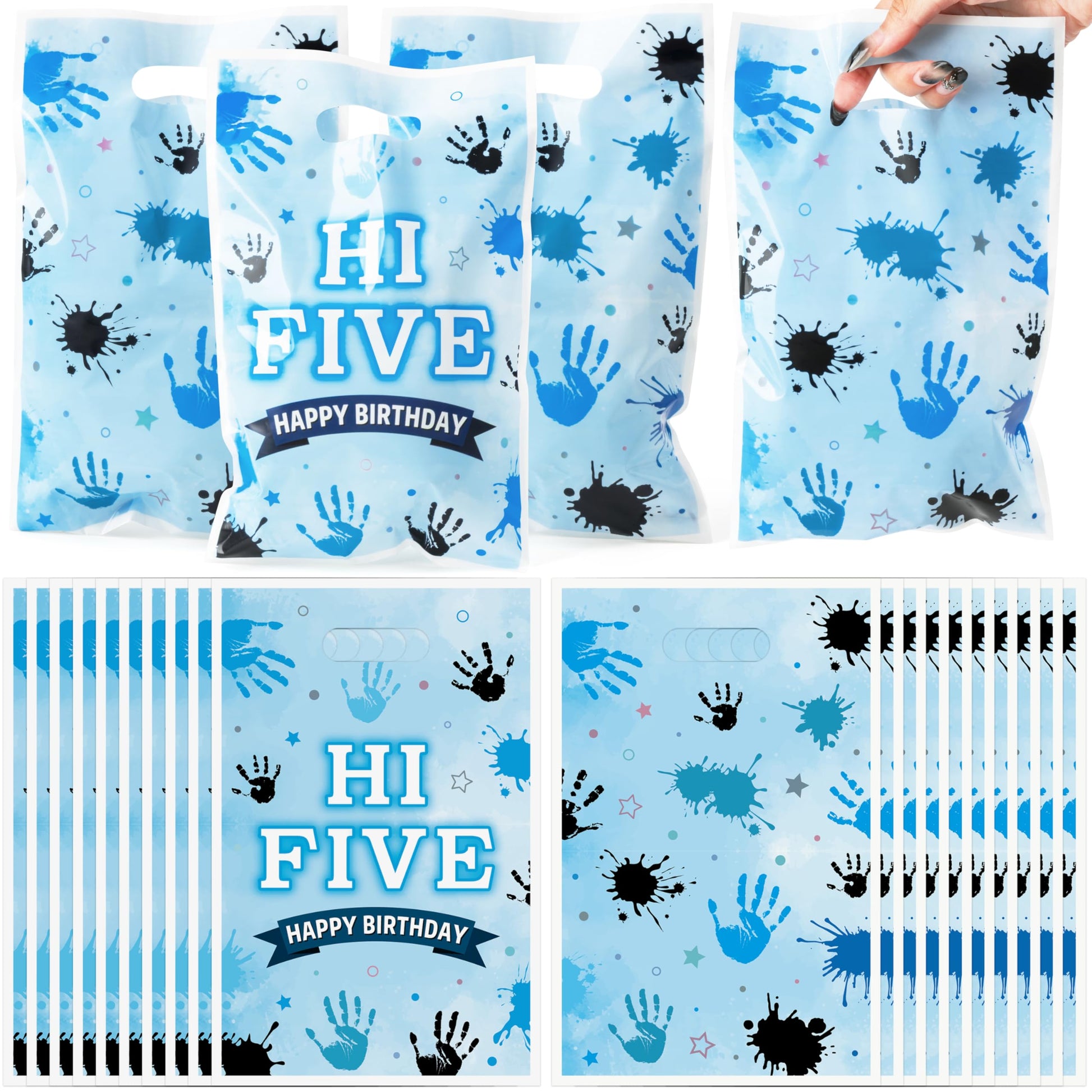ArianQicult Hi Five Party Favor Bags - 50Pcs Blue High 5 Year Old Goody Candy Treat Gifts Bags 5th Birthday Painting Decorations