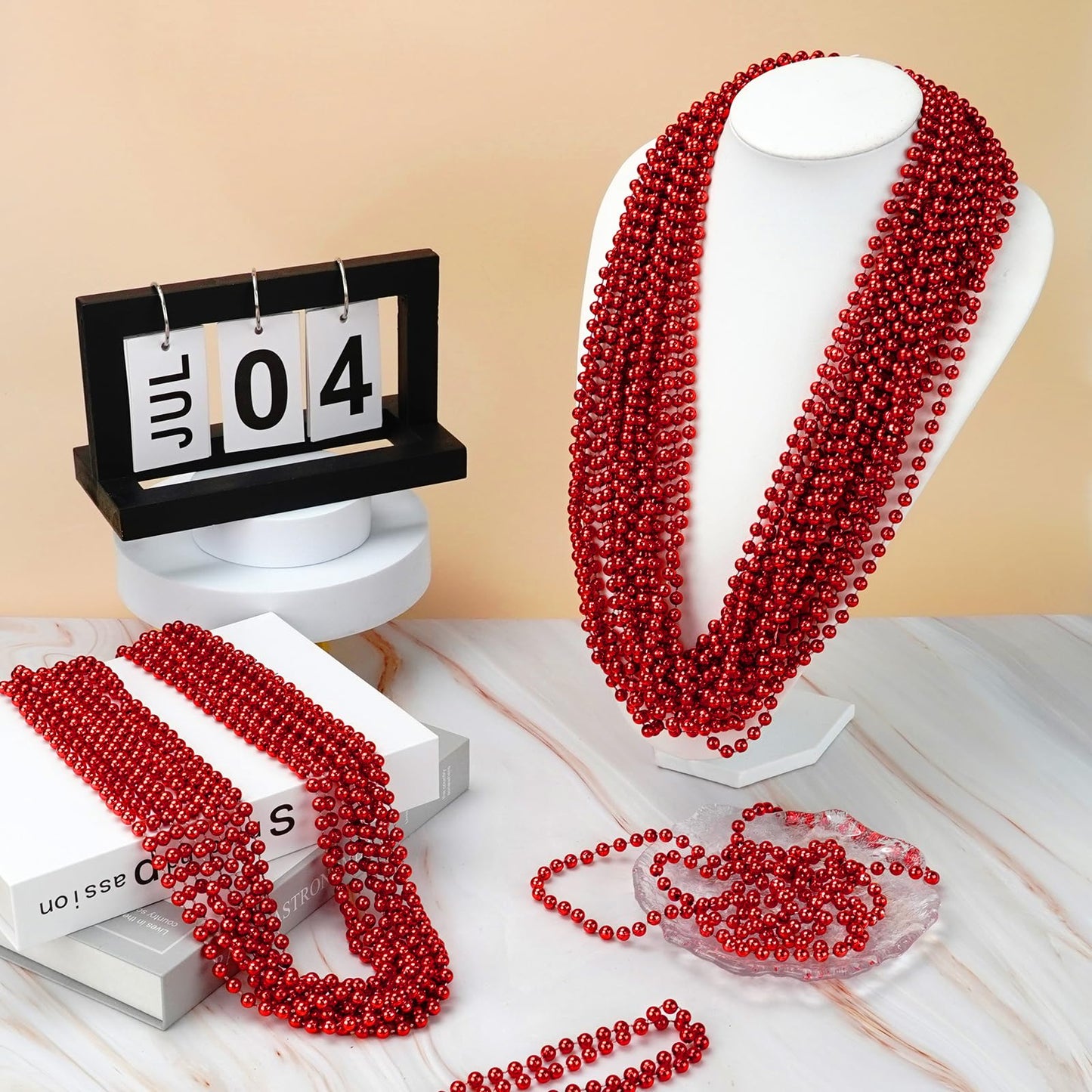 YAXINRUI 144 PCS Red Bead Necklaces, Red Christmas Mardi Gras Bead Necklaces, Red Valentine Necklace, 33 Inch Round Beaded Neckl