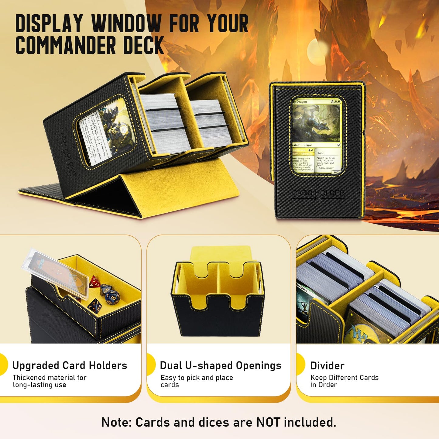 TiMOVO MTG Deck Box  MTG Commander Card Deck Box with Commander Display & Dice Tray Fits 400+ Unsleeved Cards  Leather Magnetic Card Storage Case with 6 Dividers for TCG CCG Magic Cards  Black+ Yellow