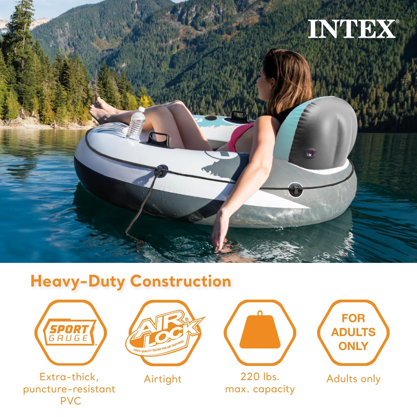 Intex River Run 1 Water Tube Lake Raft Inflatable Pool Floats with 2 Heavy Duty Handles  Backrest  and 2 Cupholders  Red (4 Pack)