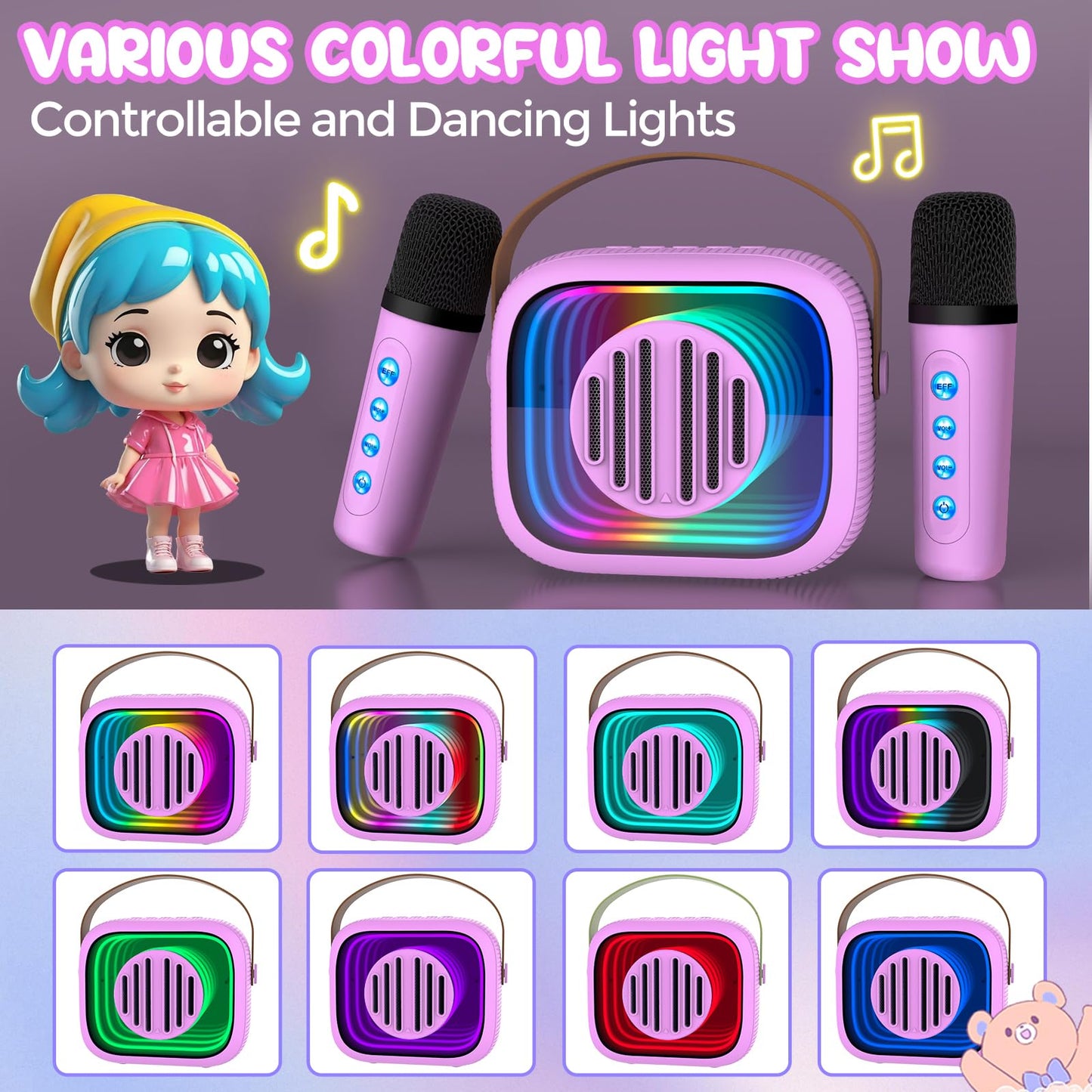 Karaoke Machine For Kids Adults, Portable Mini Karaoke Speaker With 2 Wireless Microphones, Stereo Sound And Colorful Lights, To