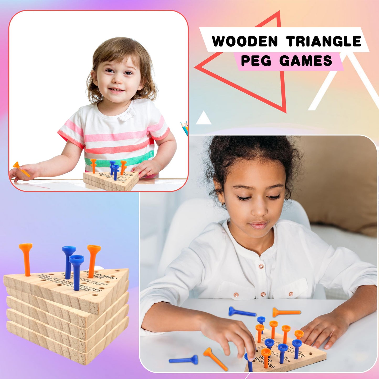 Haconba 8 Packs Wooden Triangle Peg Games Family Wooden Board Game Learning Puzzles Strategy Toy for Travel Gathering Teens mature-themed