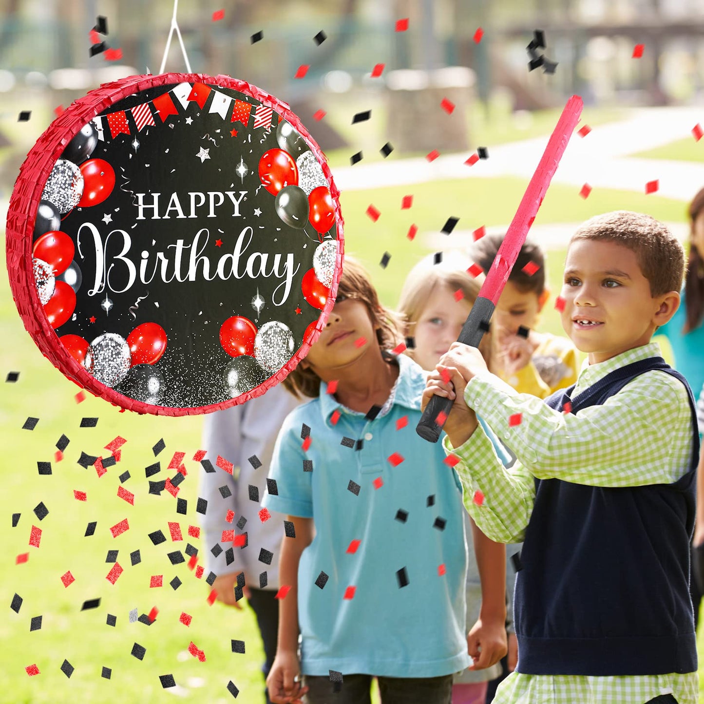 Sinmoe Birthday Piata with Stick Blindfold and Confetti for Boys Girls Men Women Birthday Party Supplies(Red and Black)
