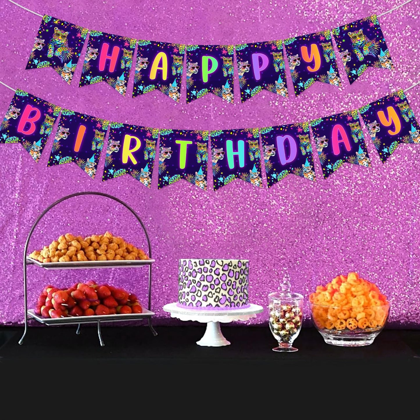 Cheereveal Rainbow Cheetah Happy Birthday Banner - Leopard Print Birthday Bunting Garland Decorations for Boys Girls, Jungle Saf