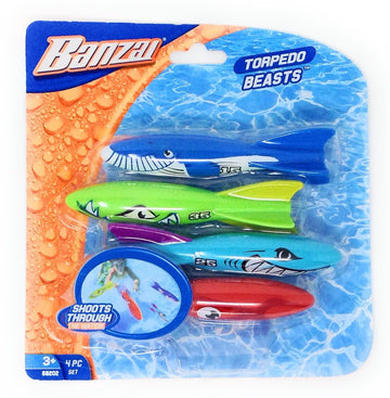Banzai Swimming Pool Diving Toys Torpedo Beasts Sharks, 4 In A Pack, Ages 3+