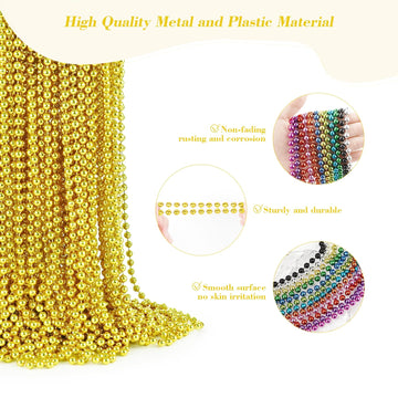 YAXINRUI 144 PCS Gold Mardi Gras Beads, Gold Bead Necklaces, Christmas Bead Necklaces, 33 Inch Round Beaded Necklaces for Mardi