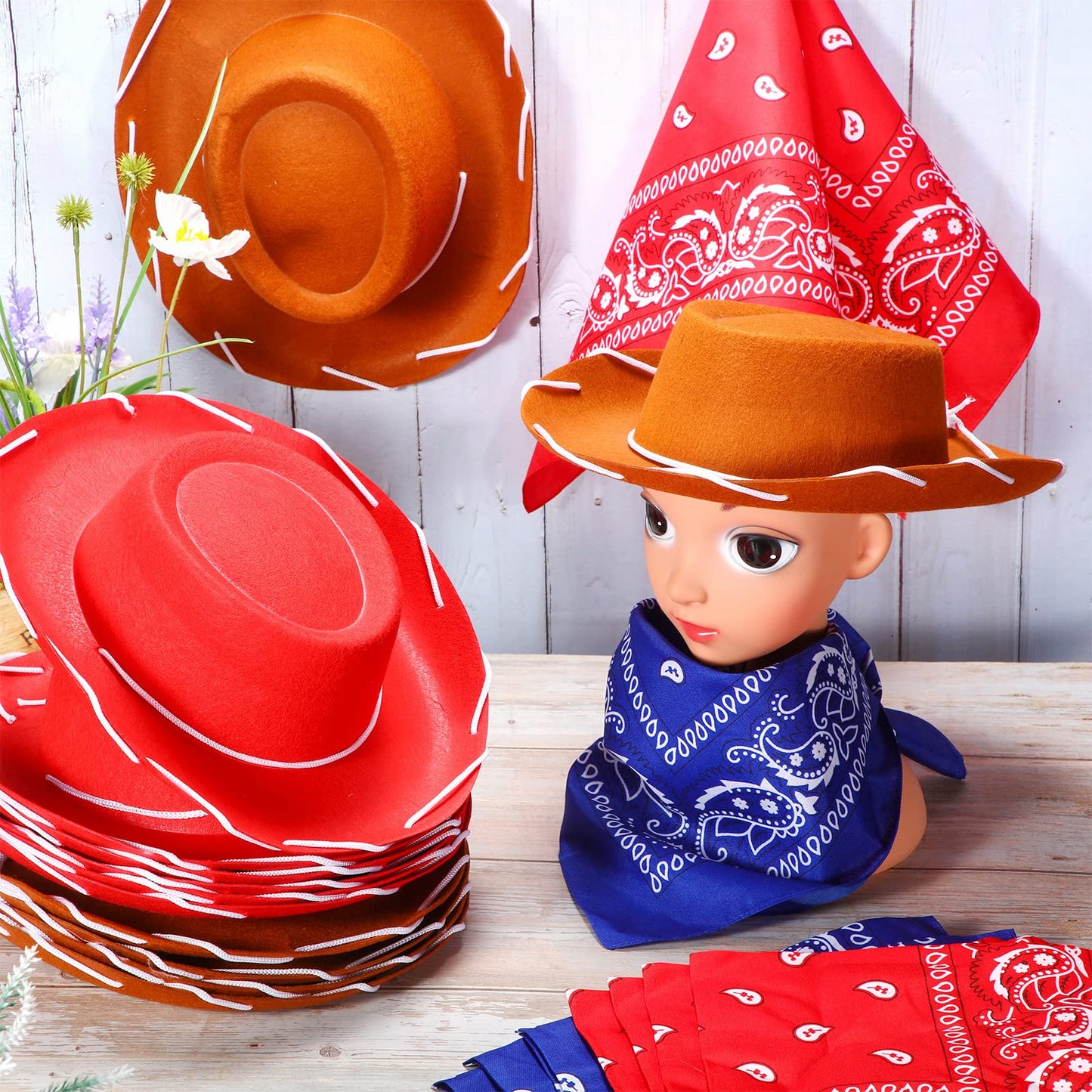 Unittype 18 Sets Cowboy Hats and Bandanas Bulk Kids Western Cowboy Costume Accessories Kids Party Supplies(Brown, Red, Blue)