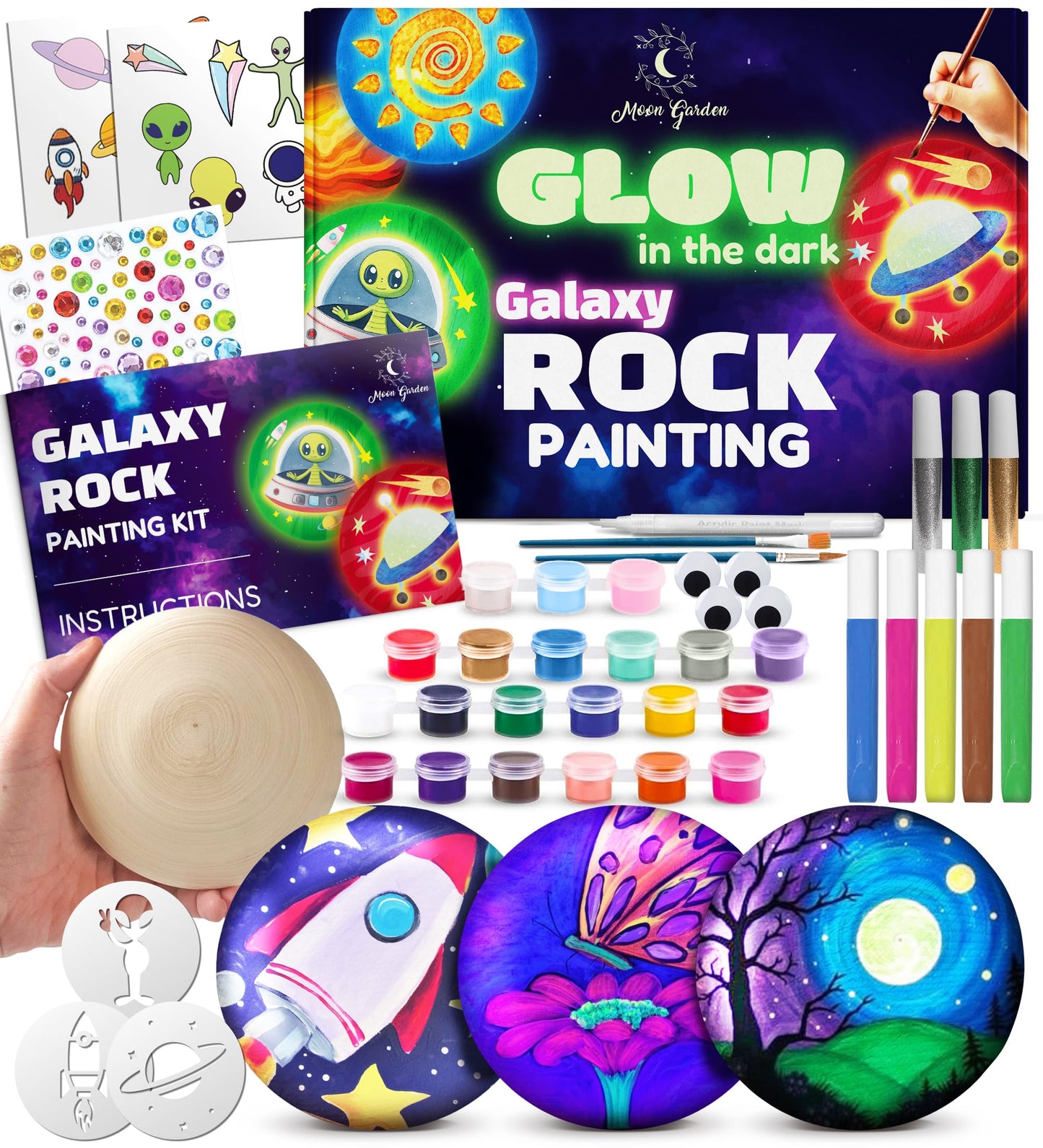 Glow in The Dark Galaxy Rock Painting Kit, Large Wooden Rocks for Painting, Arts and Crafts Painting Rocks for Kids, Kids Craft 