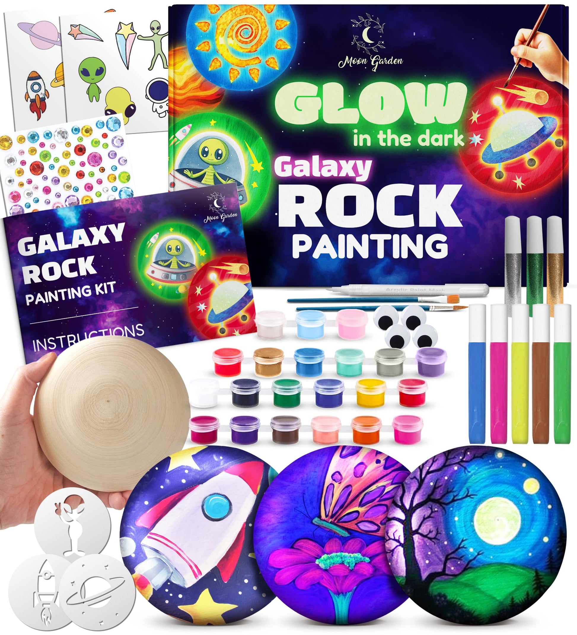Glow in The Dark Galaxy Rock Painting Kit, Large Wooden Rocks for Painting, Arts and Crafts Painting Rocks for Kids, Kids Craft 