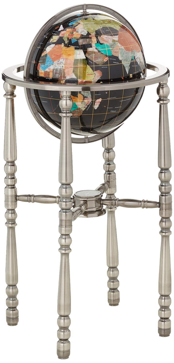 Unique Art 36-Inch By 13-Inch Floor Standing Black Onyx Ocean Gemstone World Globe With Silver 4-Leg Stand