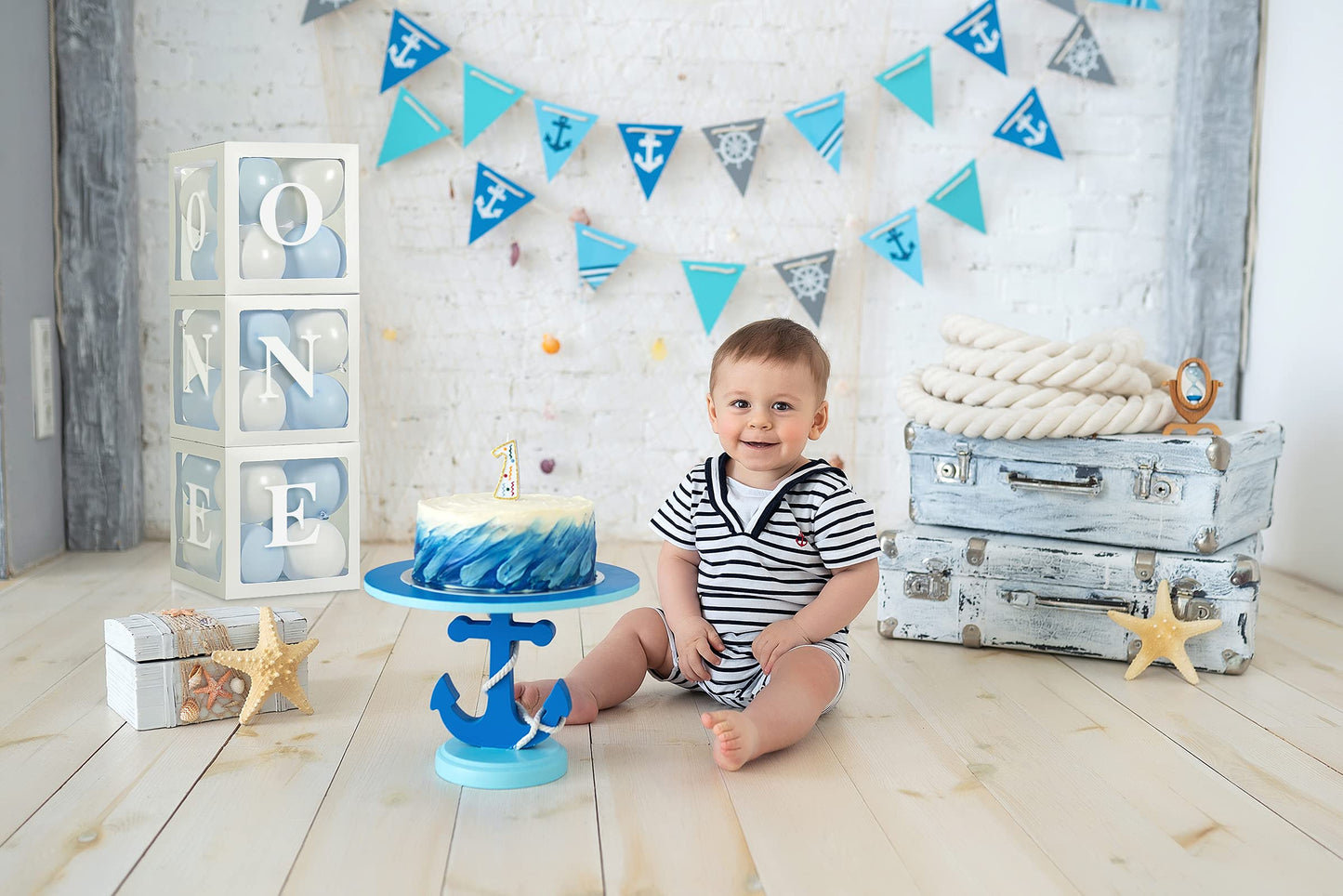 Baby Boy First Birthday Party Decorations 'One' Letters Individual Three White Transparent Square Boxes With 24 Balloons Decor F