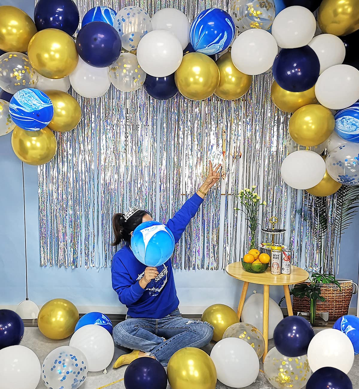 YinQin 63 PCS Navy Blue Gold Birthday Party Balloons & Backdrops, Aluminum Foil, Happy Birthday Decorations, Model PB-1002BG-P