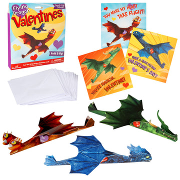Playhouse Flying Dragons Valentines Day Card Set for Kids, 28 Card Pack & Envelopes - Fold and Fly Paper Airplanes - Great for 
