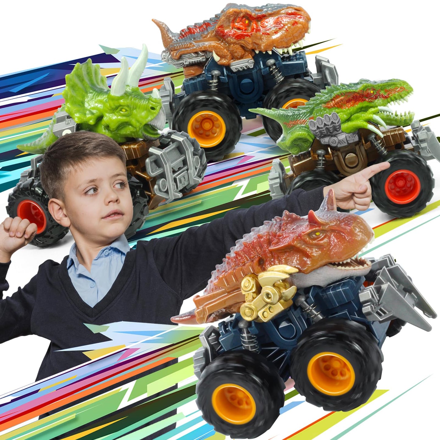 Oriate Friction Powered Dinosaur ATV Toy Cars for Children, Swing Carnotaurus Monster Truck with Robotic Arm, Fantastic Birthday