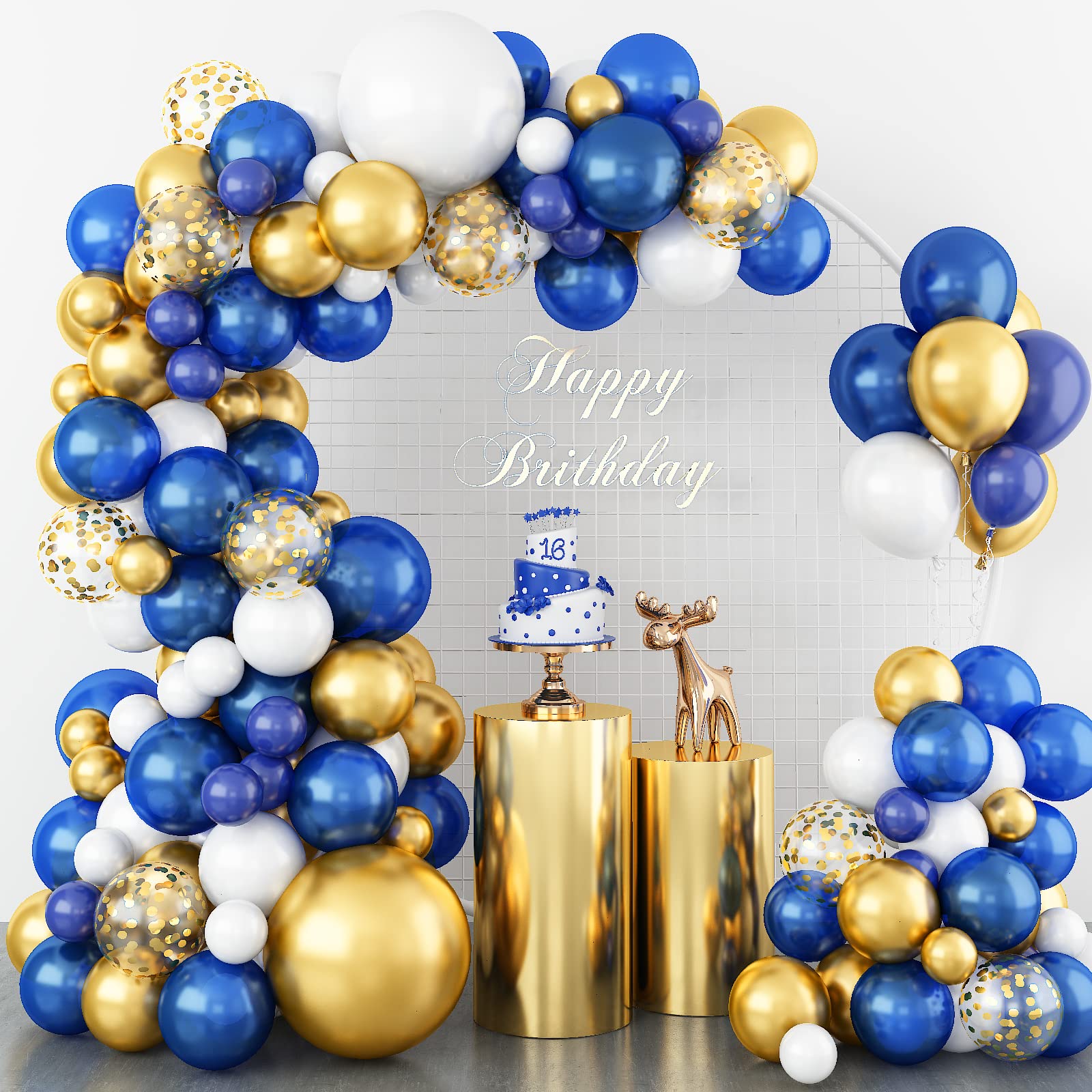 112Pcs Royal Blue Gold White Balloon Arch Garland Kit, Navy Blue And Gold Balloon Arch Kit With Confetti Metallic Chrome Balloon