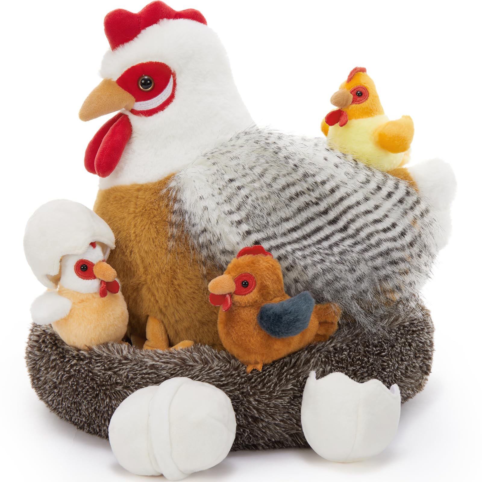 BENINY 8Pcs Chicken Stuffed Animal  Stuffed White Hen with Little Baby Chicks and Coop  Plush Toys for Kids  Hit of Christmas Farm Party