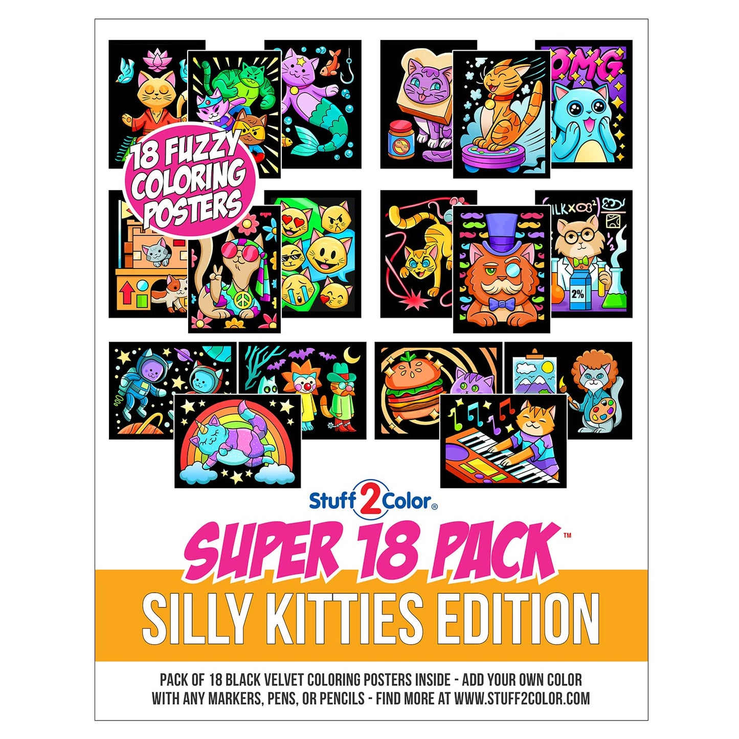 Super Pack of 18 Fuzzy Coloring Posters (Silly Kitties Edition) - Arts & Crafts for Kids, Toddlers, Girls, Boys & Adults - Great