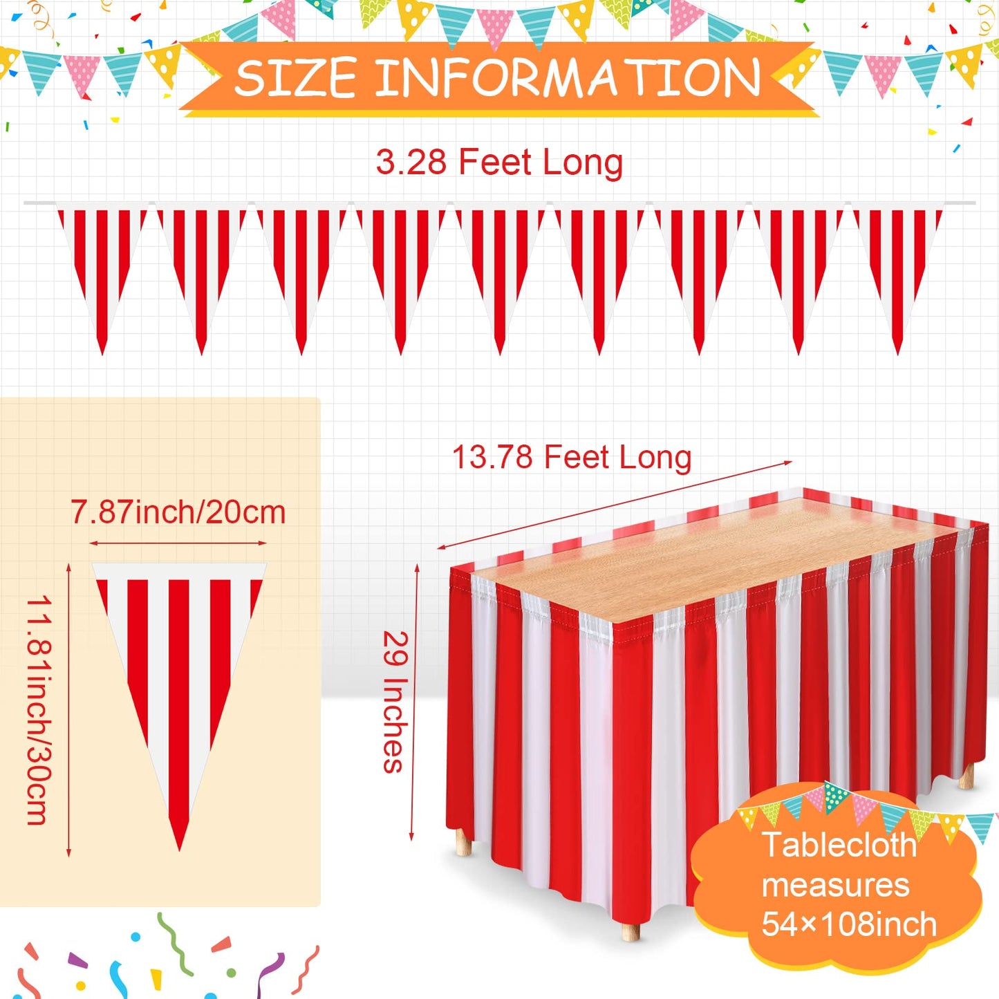 10 Pieces Carnival Theme Party Decors Carnival Table Skirts Carnival Circus Theme Tablecloths Red White Striped Pennant Banners