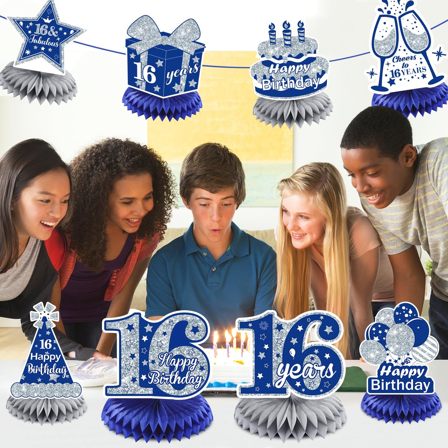 8Pcs Blue 16Th Birthday Decorations Navy Blue Silver Happy 16Th Birthday Table Honeycomb Centerpieces For Table Decor 16Th Birthday Table Topper For Boys Girls 16Th Birthday Anniversary Party Supplies