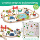 Tiny Land 110pcs Wooden Train Set with Folding Storage Box, Wooden Train Track Toy for Boys & Girls, Age 3-7, Includes Convenien