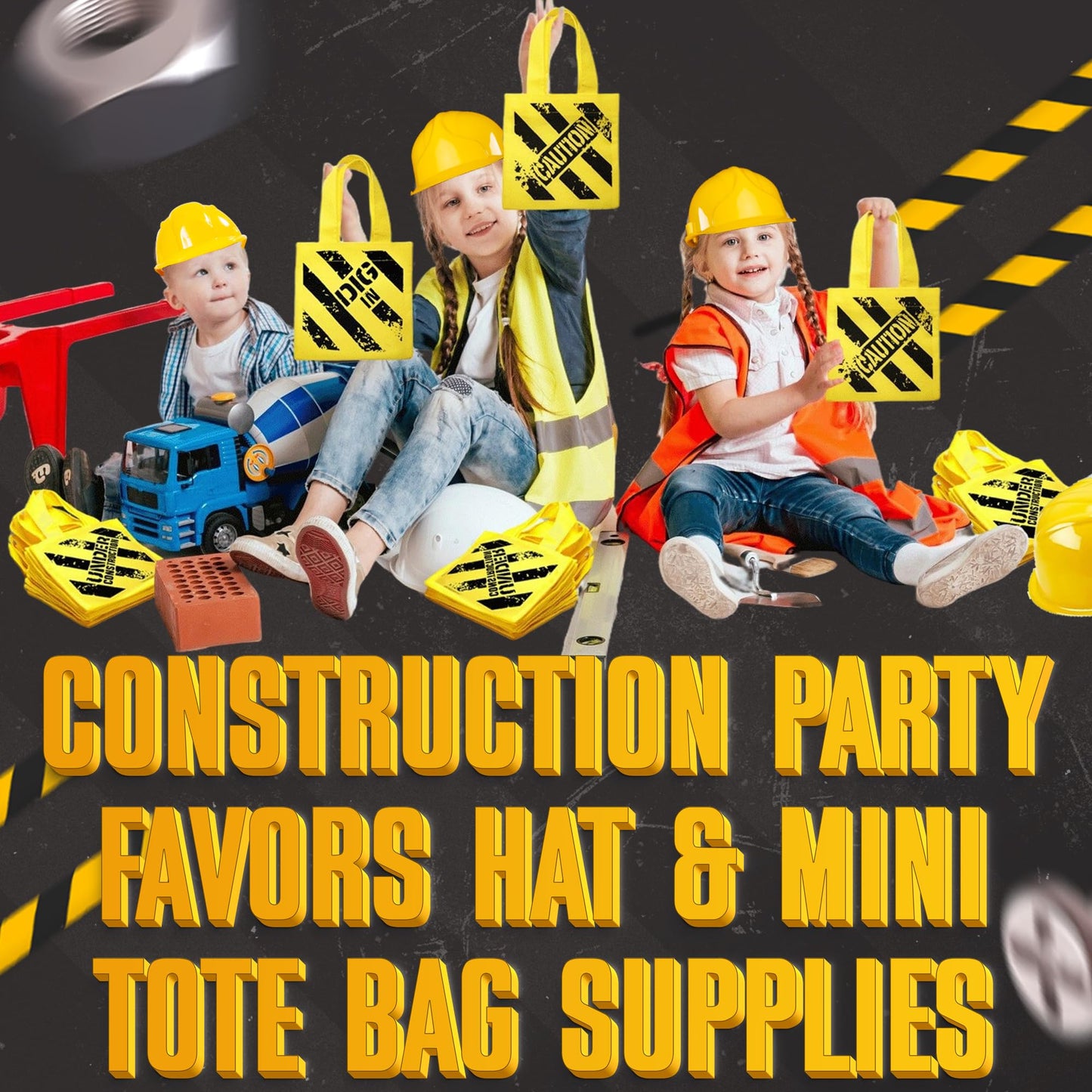 Bedwina Construction Themed Party Supplies - (24 Pack) Construction Party Favors Hat & Mini Tote Bag Supplies - (12) Yellow Cons