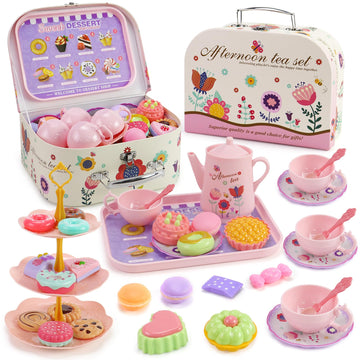 42 Pcs Flower Kids Tea Party Set with Carrying Case & Sweet Treats Playset - Pretend Toy Tin Tea Set for Little Girls - Princess