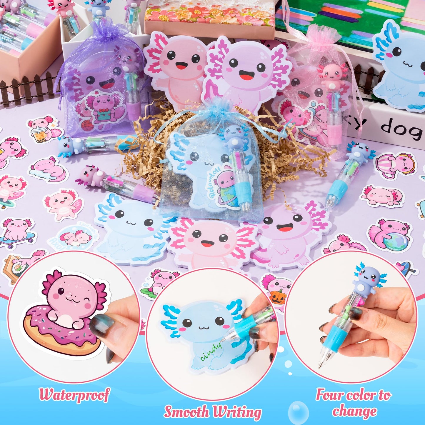 CY2SIDE Axolotl Party Gift Set - 12 Pack Stationery with 4-in-1 Pen, Sticky Notes & Stickers, Pink/Blue for Kids Goodie Bags