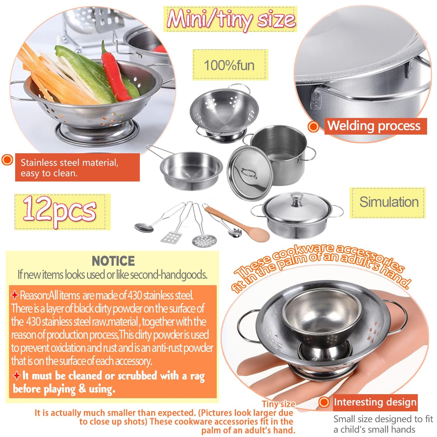 Mini Stainless-Steel Kitchen Toys, Tiny Size Pretend Cooking Utensils Toys For Kids, Cookware Pots And Pans Play Set With Cookin