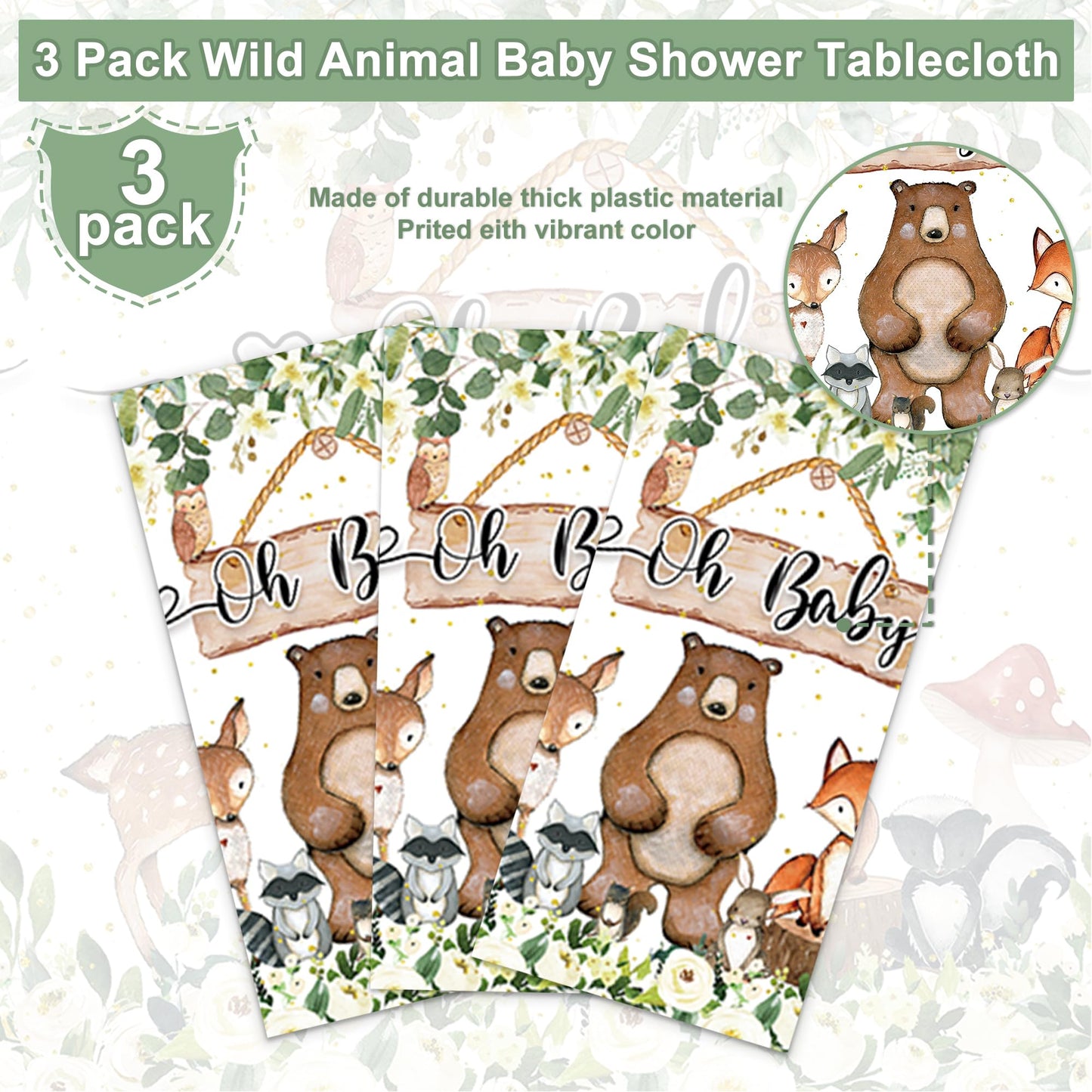 Rejoice Bunny 3Pcs Woodland Baby Shower Tablecloth Boys Girls Safari Jungle Wild Animal Party Decorations Nature Sage Forest Tab
