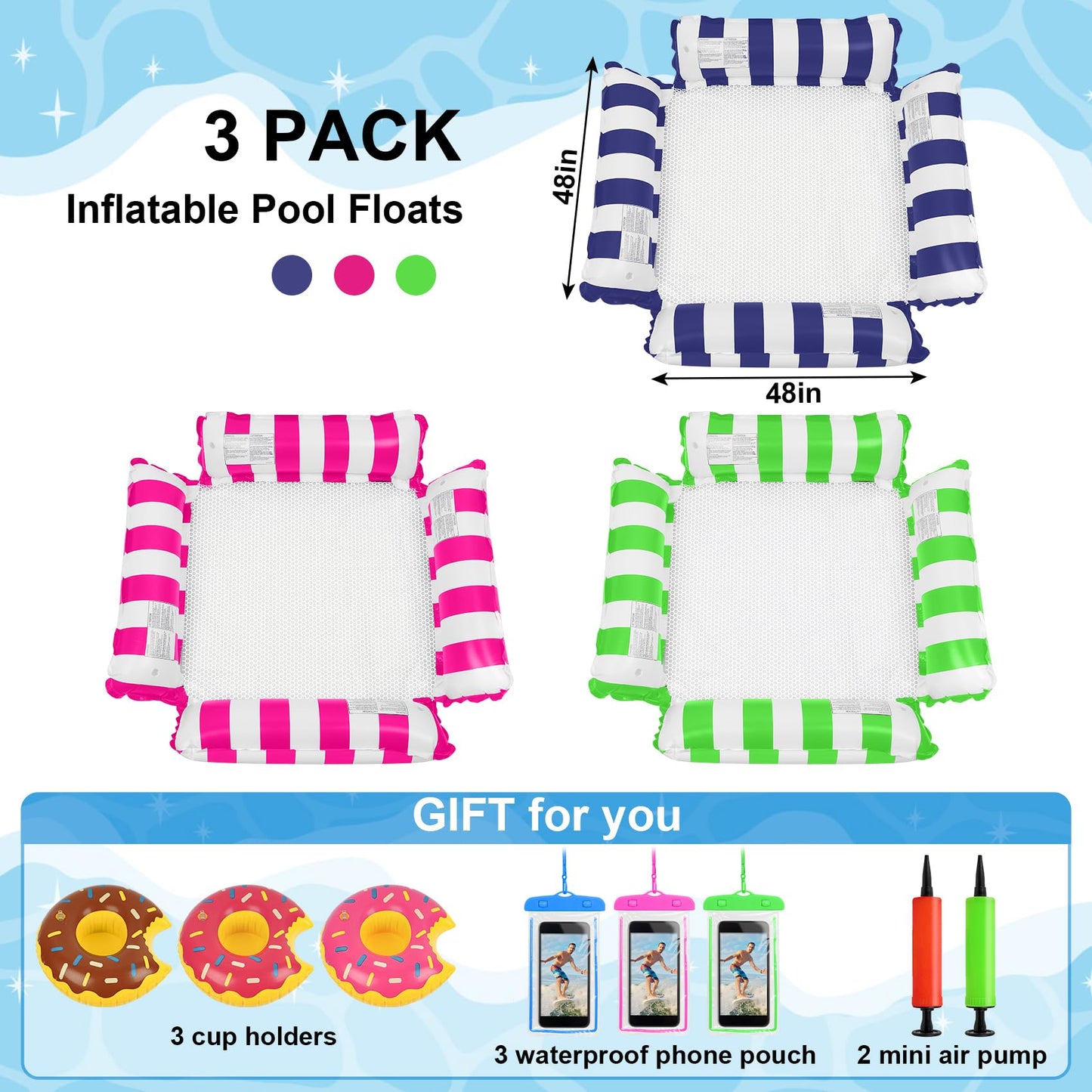 3 Pack Inflatable Pool Floats mature-themed  4-in-1 Multi-Purpose Pool Float Rafts Water Hck with Cup Holders  Pool Floaties for mature-themeds Swimming Pool Lake Beach