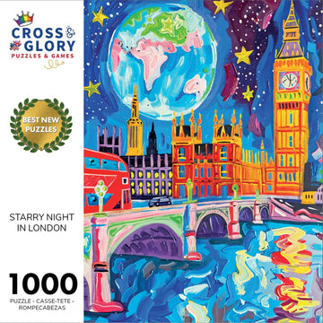 Cross & Glory - Starry Night In London - 1000 Piece Jigsaw Puzzle | Vibrant Art Of Big Ben & Red Double Decker