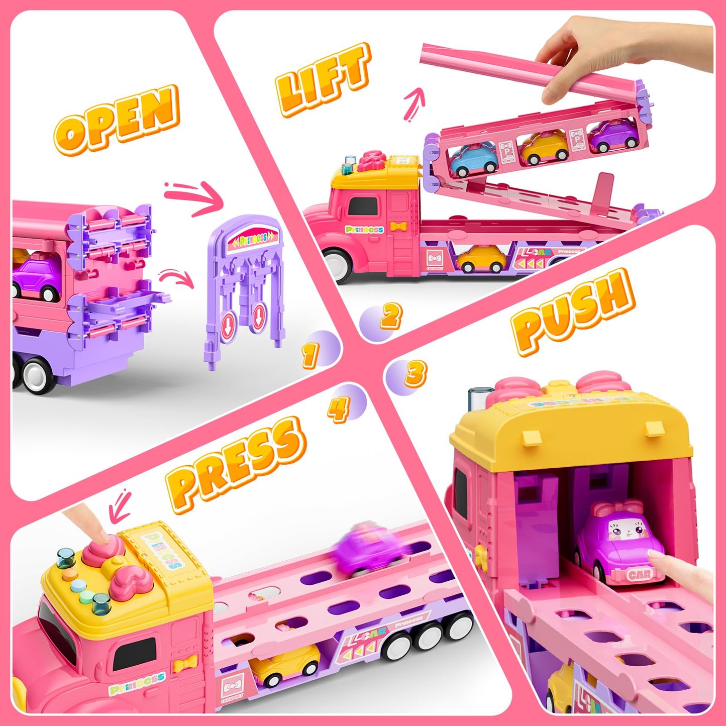 Hot Bee Toddler Toys for 2 3 4 5 Years Old Girls, 7-in-1 Foldable Ejection Trucks for Toddlers 2-4 Years, Toys for 4 Year Old Gi