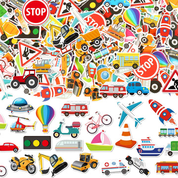 JULBEAR 300 Pieces Transportation Foam Stickers Bulk Self-Adhesive Cartoon Race Car Bus Vehicle Truck Stickers for Crafts Transp