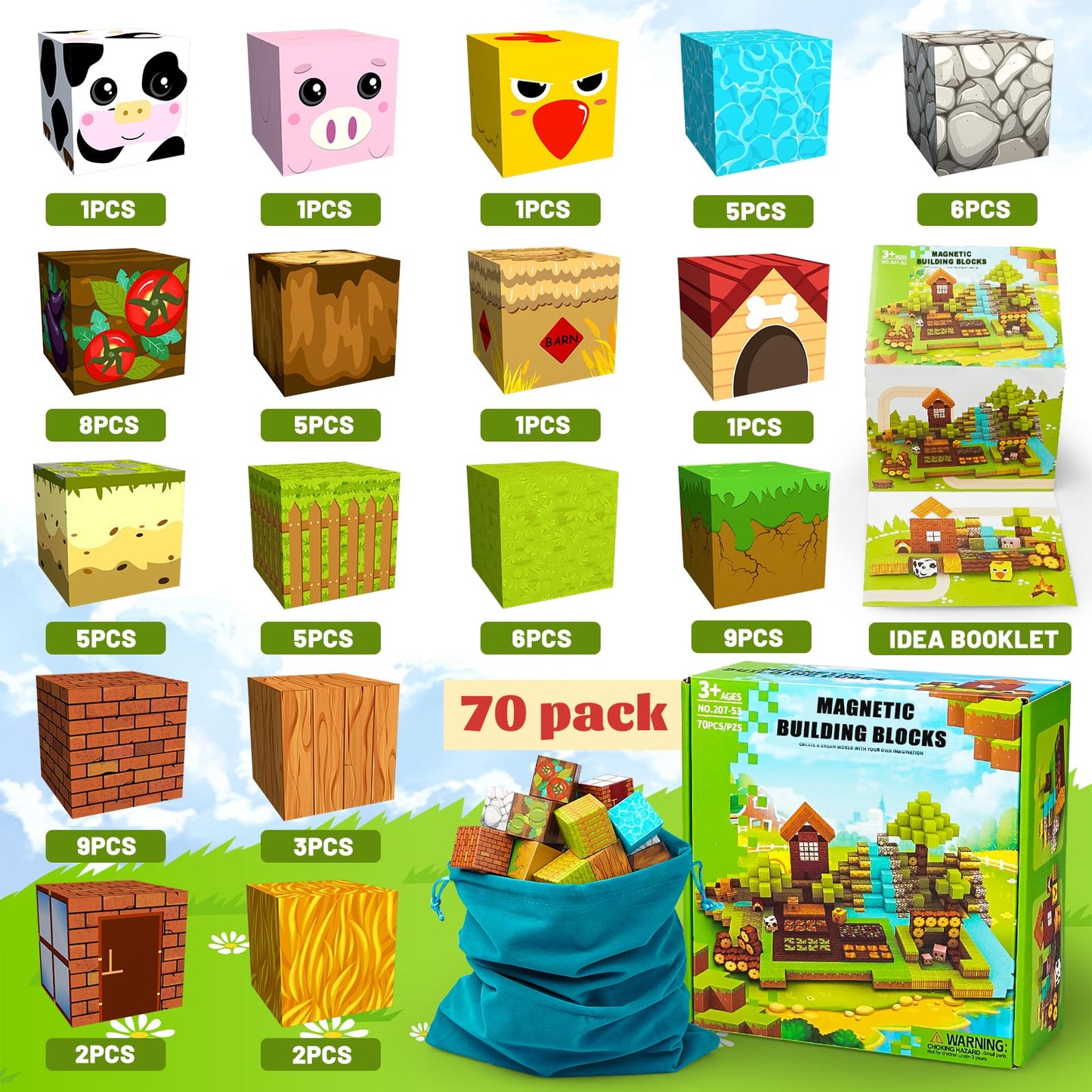 Planeko Magnetic Blocks Building Toys 70Pcs 1'' Magnet Blocks Farm Magnetic Toys For Kids 4-8 Stem Sensory Montessori Toys For T