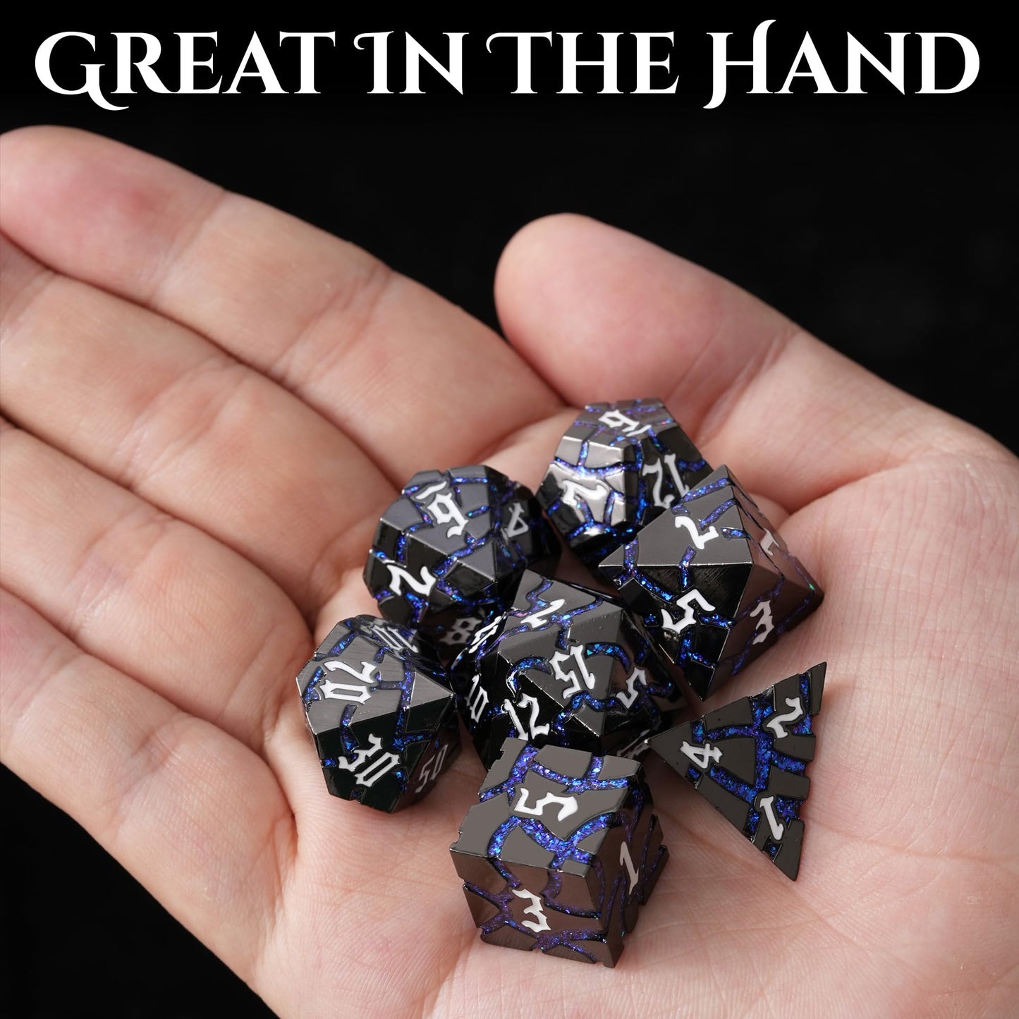 Soar Forge Metal Dice for DND - Beautiful Blue Glitter Cracks Dice Set Compatible with Dungeons and Dragons and Other RPG, Dice