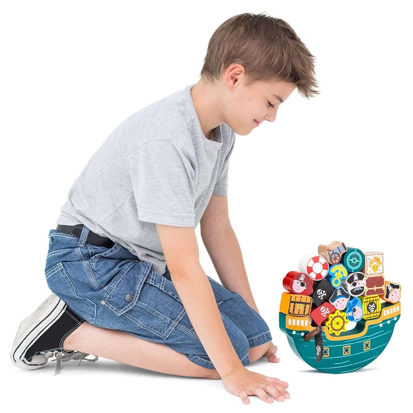 Imagination Generation Wooden Wonders Balancing Playset | Develops Dexterity, Motor Skills, Sharing Skills | Safe Wood & Paint | 18 Pc Pirate Boat Playset