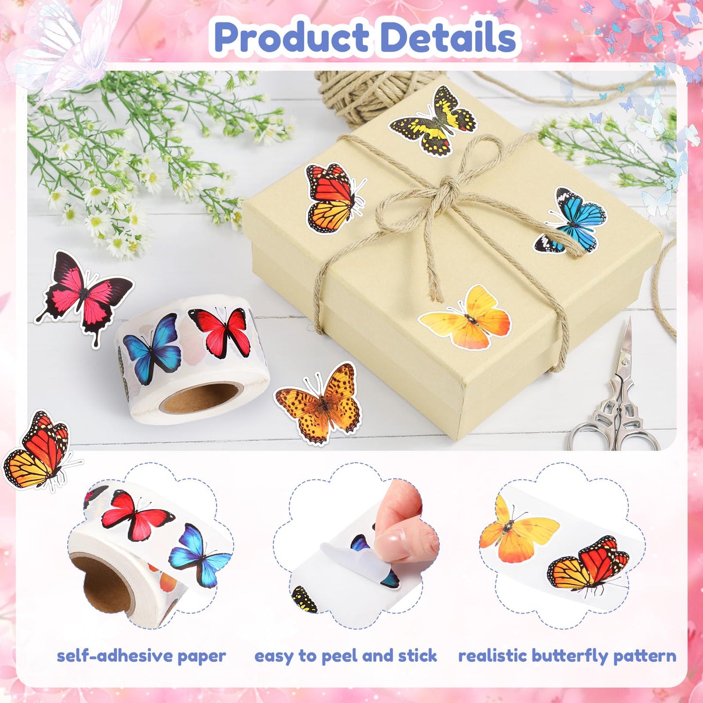 Feifeiya 500 Pcs Butterfly Stickers 1.5 Inch Butterfly Gift Sticker Roll Colorful Self-Adhesive Label Decals for Gifts Cards Scr