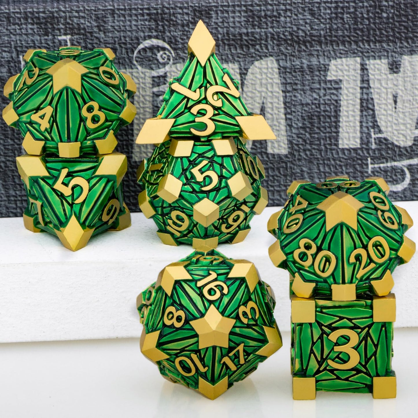 ORIFANTOU Metal DND Dice Set Dungeons and Dragons Dice with Box, Green Golden Debris D&D Dice RPG D and D Dice Role Playing Game