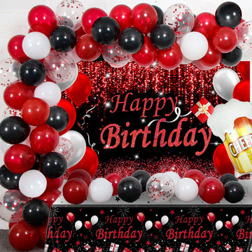 Red And Black Party Decorations, Happy Birthday Decorations For Men Women With Photography Backdrop & Tablecloth Balloons Arch Kit Banner Birthday Party Supplies Bday Decor With Table Cover