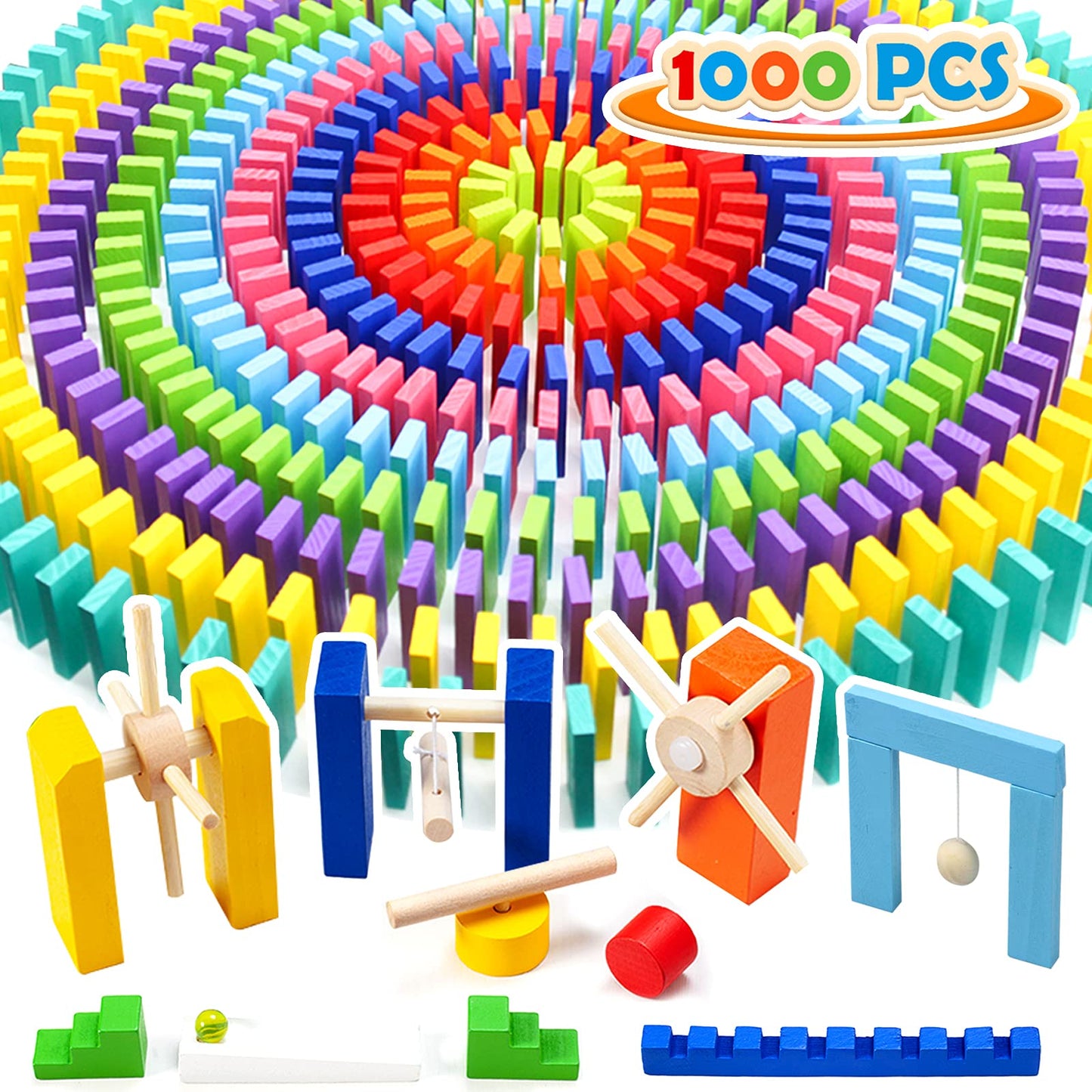 WOOD CITY 1000 Piece Wooden Dominoes Set for Kids - Colorful Stacking Blocks with Storage Bag - Educational Toy