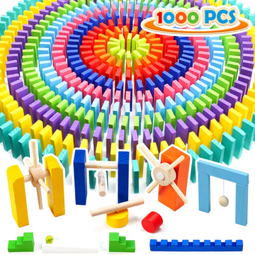 WOOD CITY 1000 Piece Wooden Dominoes Set for Kids - Colorful Stacking Blocks with Storage Bag - Educational Toy
