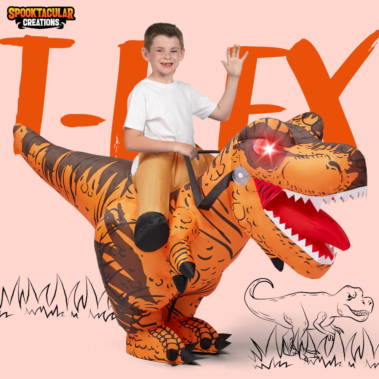 Spooktacular Creations Kids Inflatable Costumes, Riding A Light-Up Eyes T-Rex Inflatable Costume, Brown Rawr Blow Up Dinosaur Co