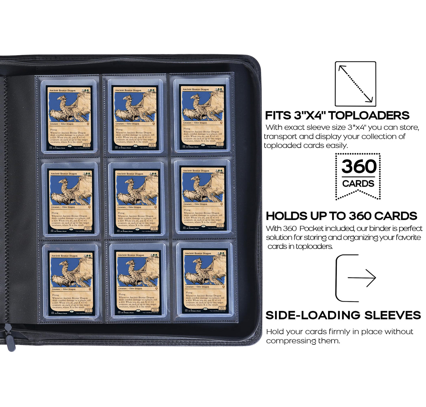 Toploader Binder  Holds 360 Top Loaders - 9-Pocket Top Loader Binder for 3 x 4 Rigid Card Holders for Trading Cards or Sports Cards  Model B - Navy Blue