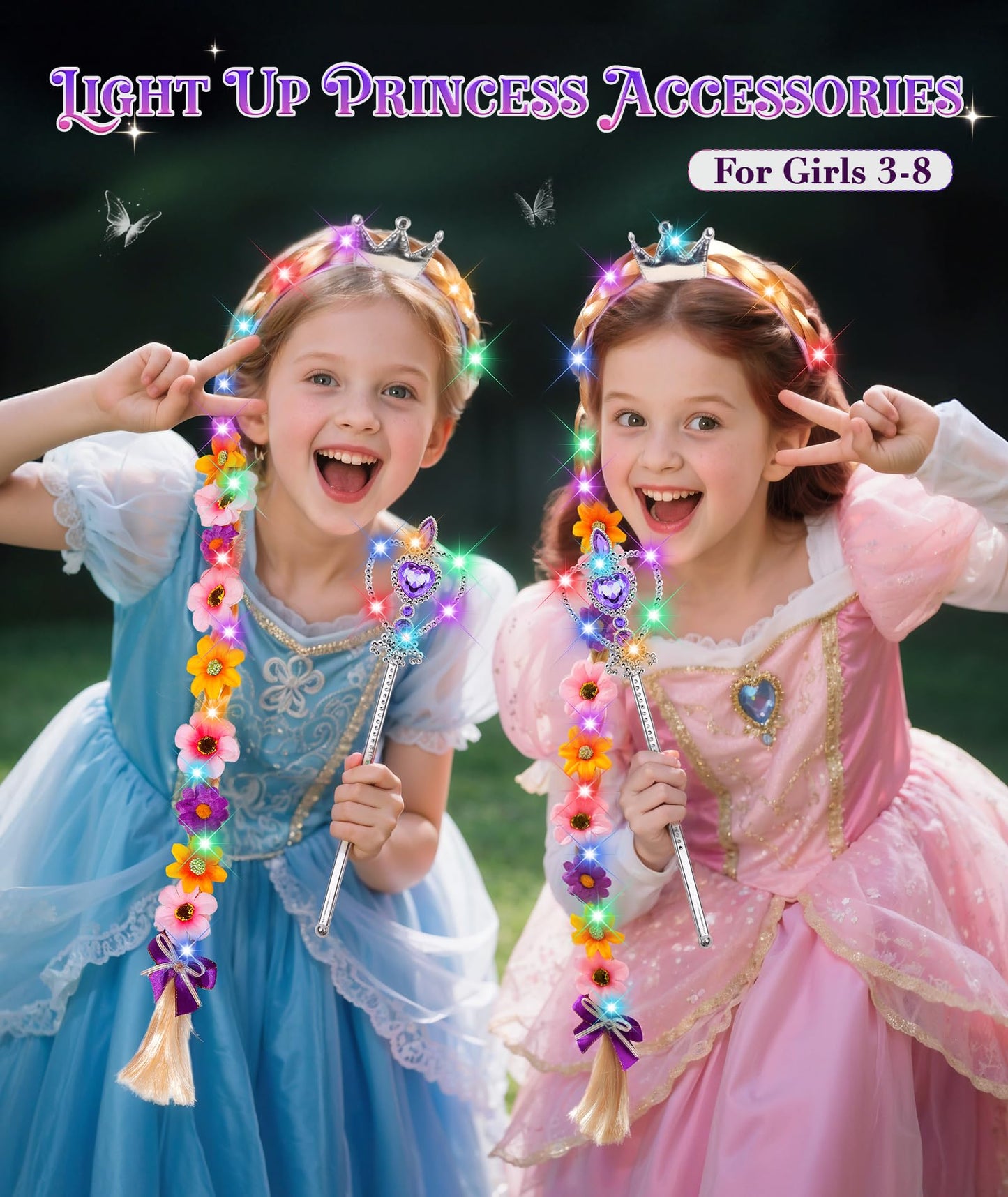 DUDUCOFU Princess Accessories with LED Lights for Little Girls, Glowing Braided Wig with Tiara Wand Toys for Girls Gift 3 4 5 6