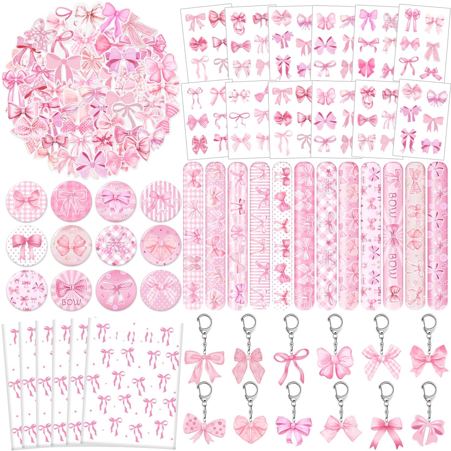 110 PCS Pink Coquette Bow Party Favors, Pink Coquette Bow Temporary Tattoos Slap Bracelets Stickers Keychains Badges Gift Bags f