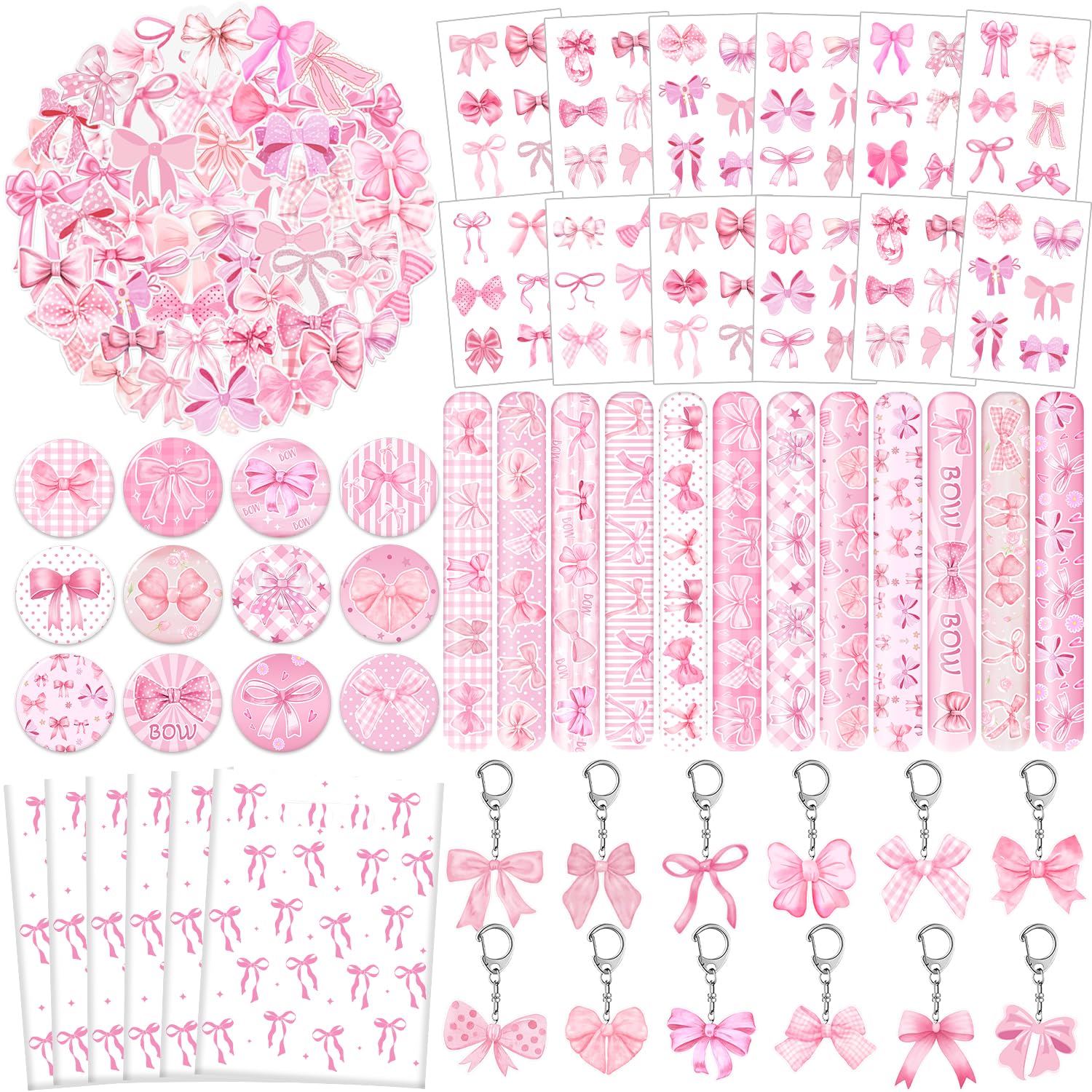 110 PCS Pink Coquette Bow Party Favors, Pink Coquette Bow Temporary Tattoos Slap Bracelets Stickers Keychains Badges Gift Bags f