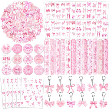 110 PCS Pink Coquette Bow Party Favors, Pink Coquette Bow Temporary Tattoos Slap Bracelets Stickers Keychains Badges Gift Bags f