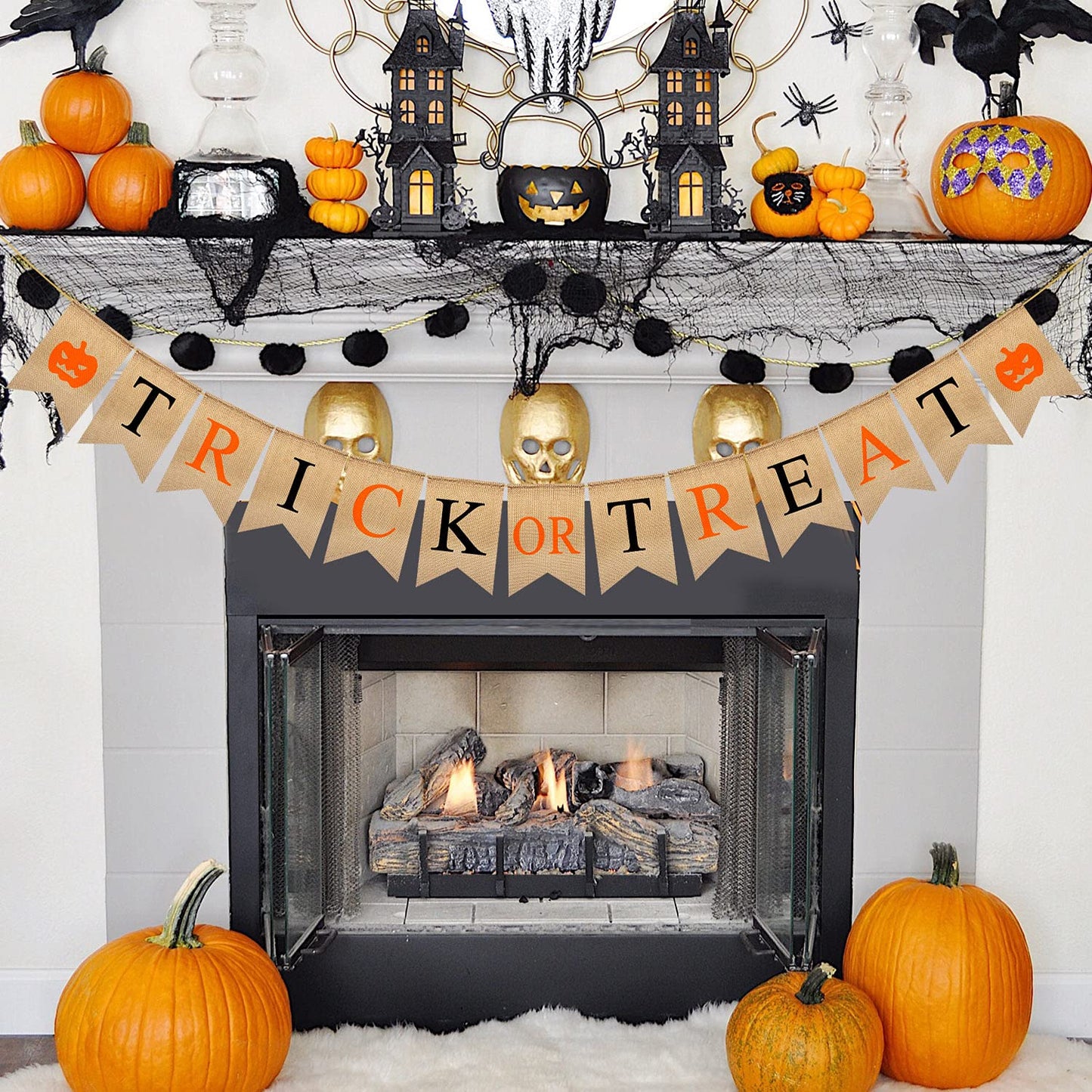 Trick or Treat Halloween Banner, 9.2ft/2.8m Burlap Halloween Bunting Garland with Pumpkin Pattern, Cute and Colorful Halloween D