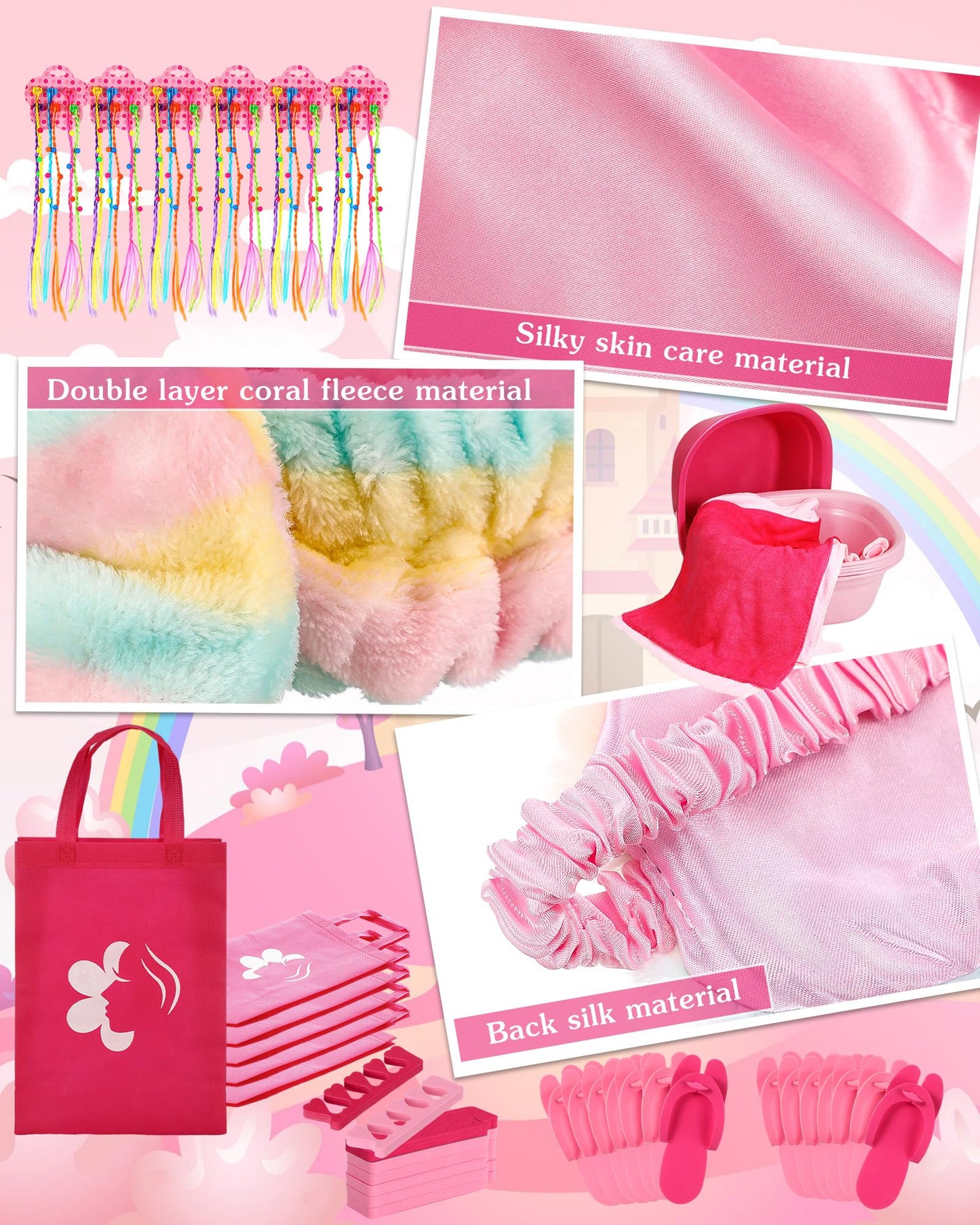 Suhine 6 Set Spa Party Supplies for Girls, Kids Satin Robes Nail Salon Kit Spa Kit Accessories for Birthday Party Favors (Elegan