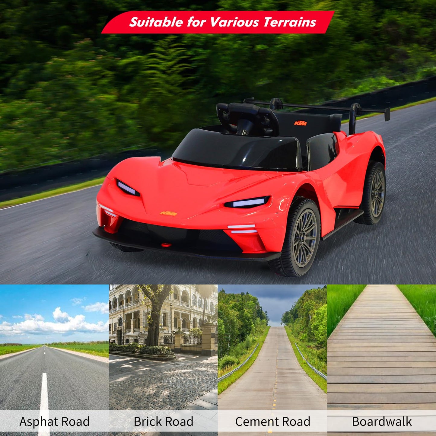 Kids Ride On Car, Licensed Ktm 12V Electric Sports Car With Remote Control, Battery Powered Sports Car, Sound System, Scissor Do